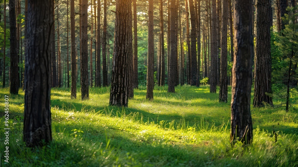 Fototapeta premium A serene forest scene with tall trees and lush green grass illuminated by sunlight.