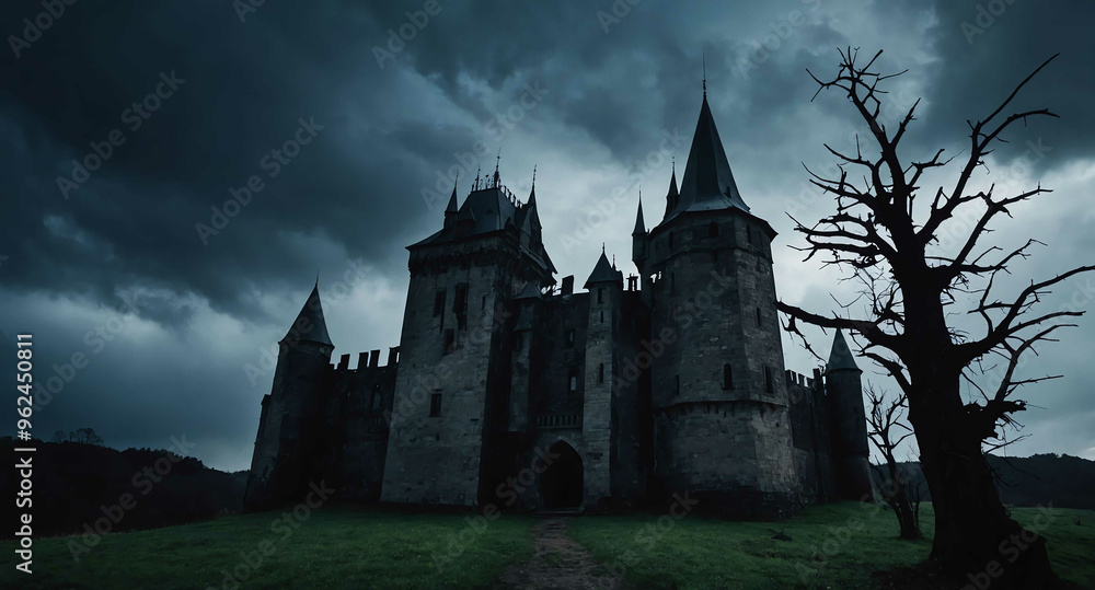Gothic castle silhouette against stormy sky background Gothic castle silhouette against stormy sky background