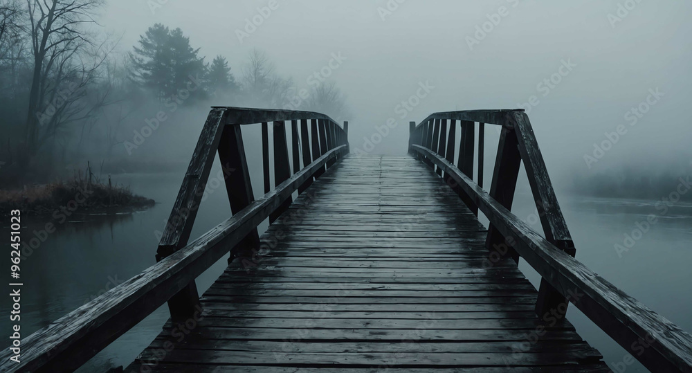 Fototapeta premium Haunted bridge with fog rising background