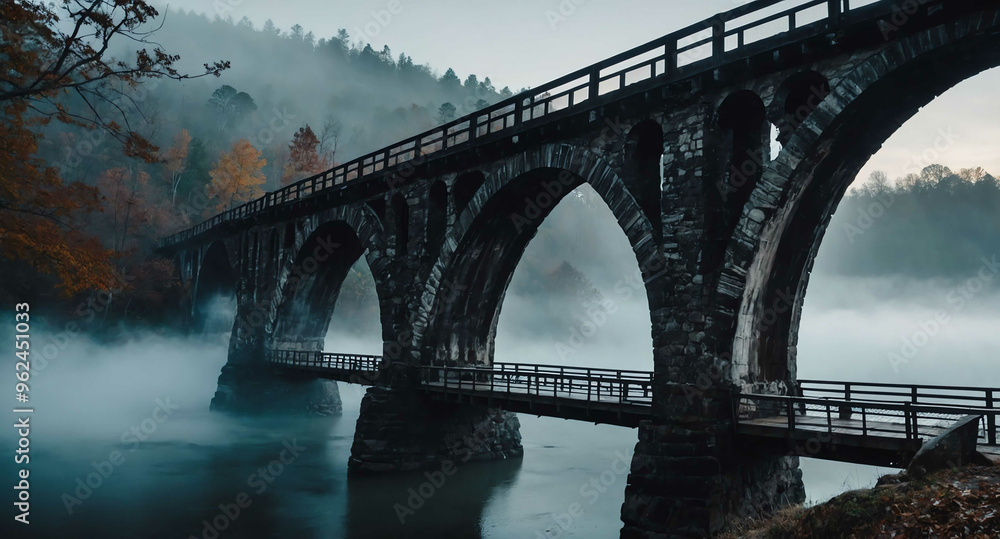 Fototapeta premium Haunted bridge with fog rising background