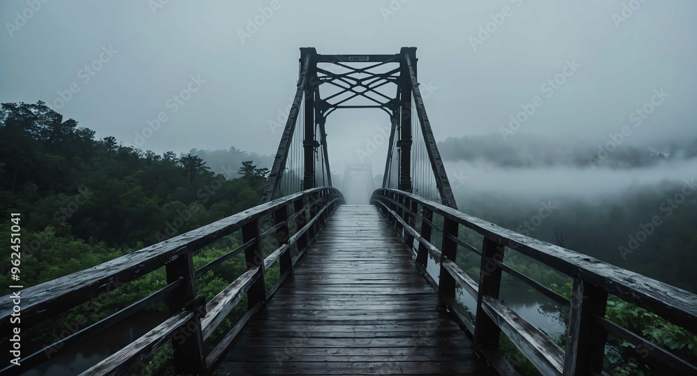 Fototapeta premium Haunted bridge with fog rising background