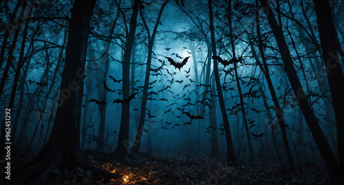 Haunted forest glowing bats abstract background