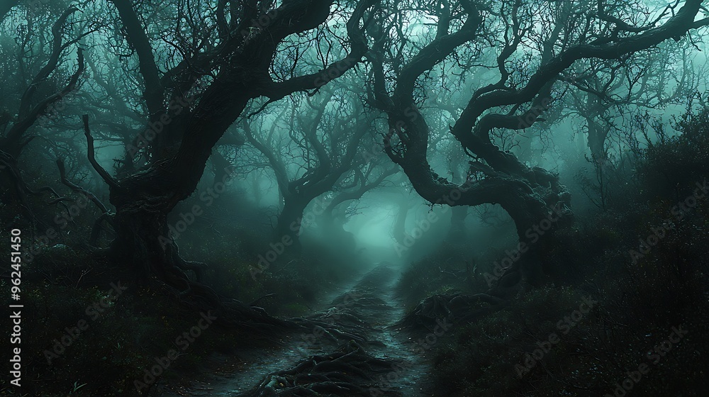 A mysterious forest path winds through fog and twisted trees, creating an eerie and enchanting atmosphere filled with quiet intrigue. A mysterious forest path winds through fog and twisted trees, creating an eerie and enchanting atmosphere filled with quiet intrigue.