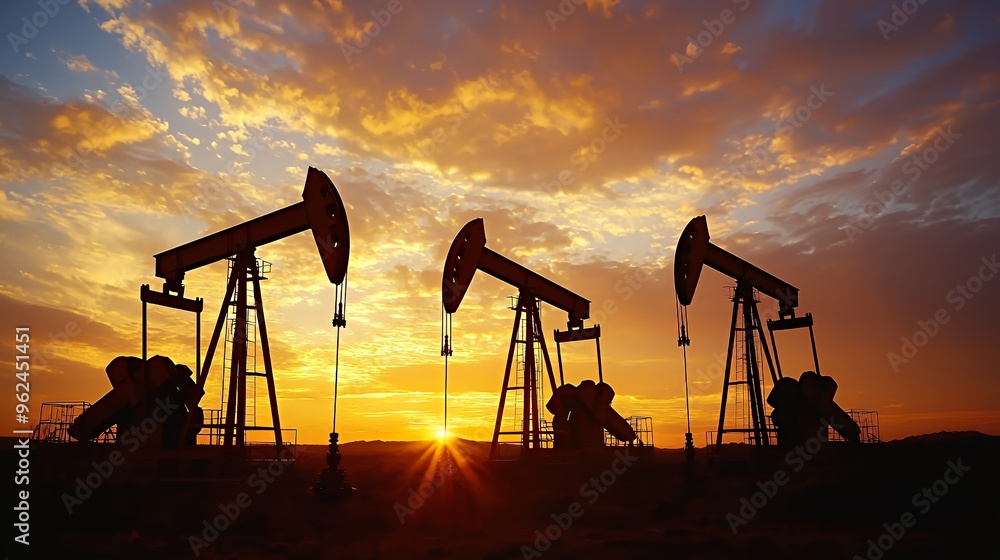 Silhouetted oil pumps against a vibrant sunset sky. Silhouetted oil pumps against a vibrant sunset sky.