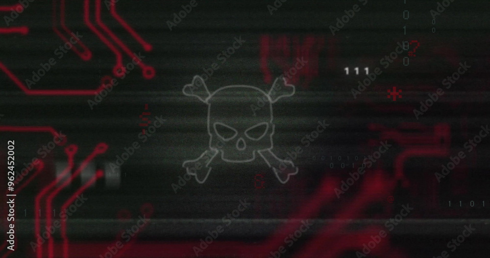Skull and crossbones image over digital binary code and circuit board Skull and crossbones image over digital binary code and circuit board