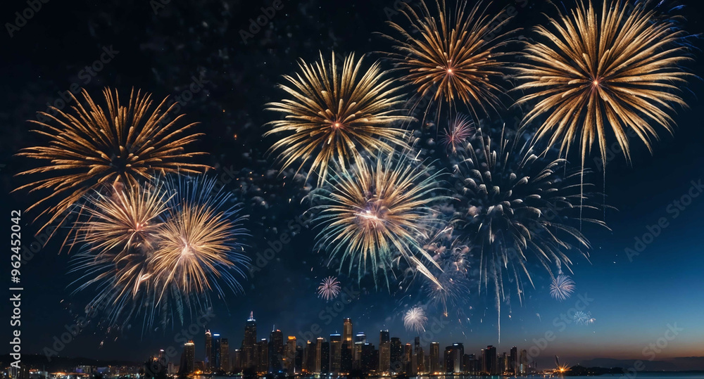 Midnight blue sky with shimmering fireworks background Midnight blue sky with shimmering fireworks background
