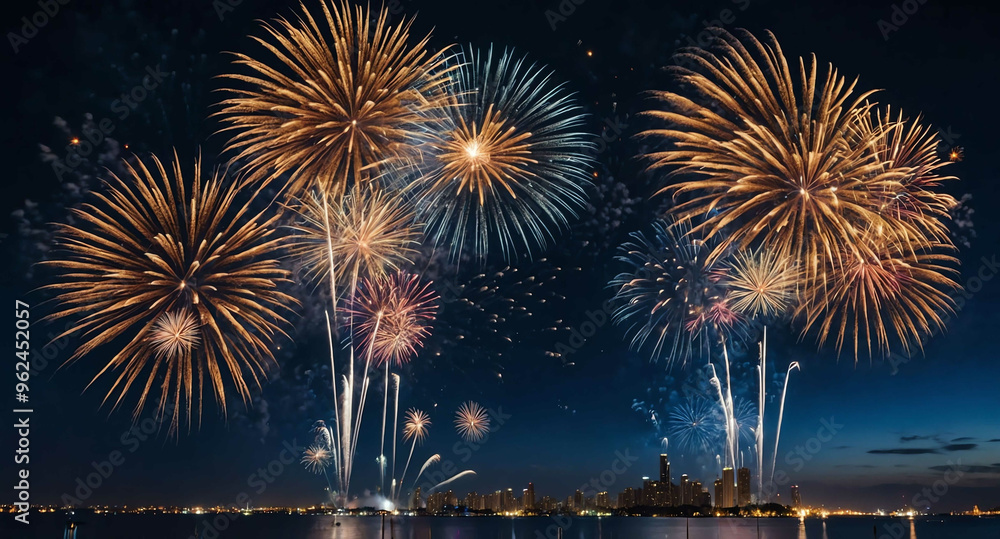 Midnight blue sky with shimmering fireworks background Midnight blue sky with shimmering fireworks background
