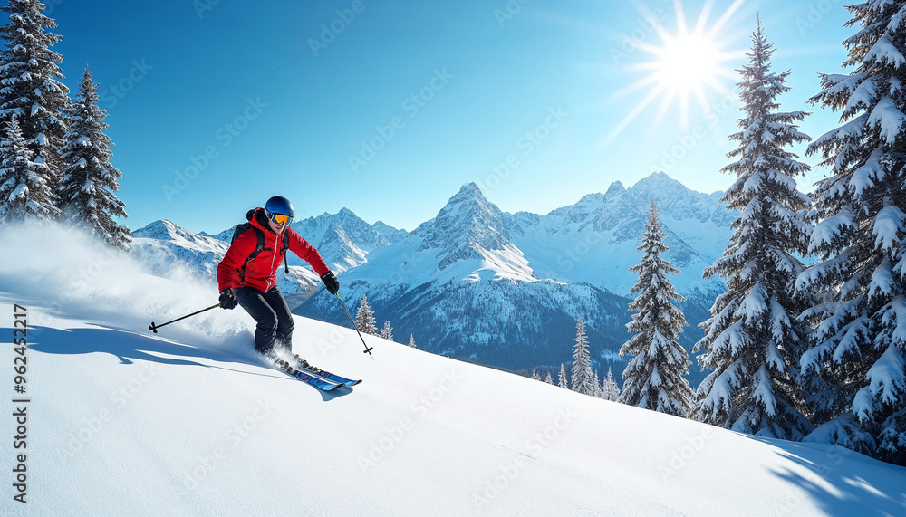 A skier leaps in snowy mountains on a sunny day, leaving clouds of snow and dust in his wake.
A skier leaps in snowy mountains on a sunny day, leaving clouds of snow and dust in his wake.