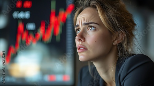 A worried woman watches stock market data decline on her screen, her expression capturing the tension of financial downturns.