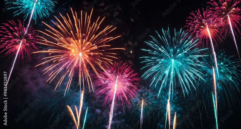 Fototapeta premium Neon fireworks with sparkling lights abstract background