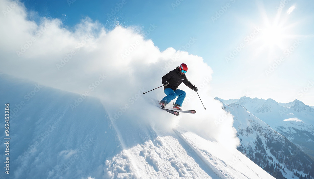 A skier leaps in snowy mountains on a sunny day, leaving clouds of snow and dust in his wake.
A skier leaps in snowy mountains on a sunny day, leaving clouds of snow and dust in his wake.