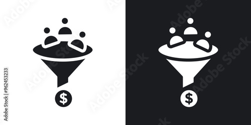 Sales funnel solid vector icon set in black and white color.