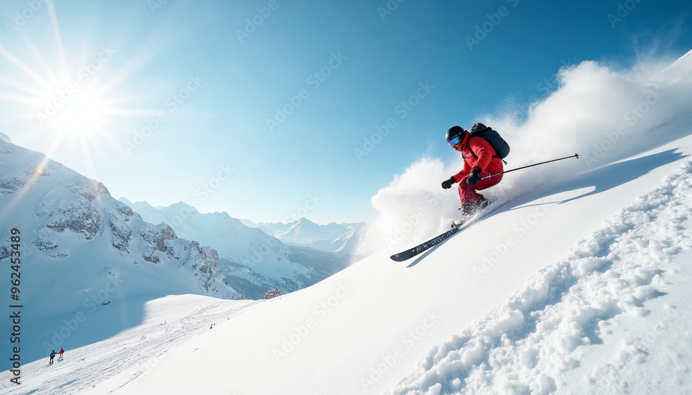 A skier leaps in snowy mountains on a sunny day, leaving clouds of snow and dust in his wake.
A skier leaps in snowy mountains on a sunny day, leaving clouds of snow and dust in his wake.