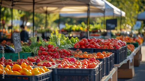 Fresh tomatoes and peppers on display at a farmers market.