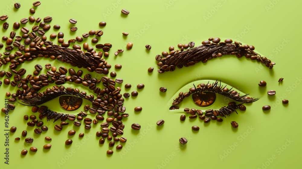 Naklejka premium Creative composition featuring eyes made of coffee beans and chocolate on a vibrant green background. Each eye is intricately designed with a mix of whole beans and ground coffee, creating a visually