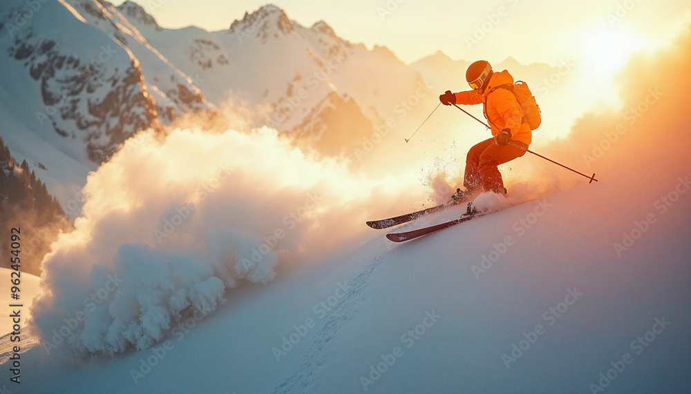 Naklejka premium A skier leaps in snowy mountains on a sunny day, leaving clouds of snow and dust in his wake.