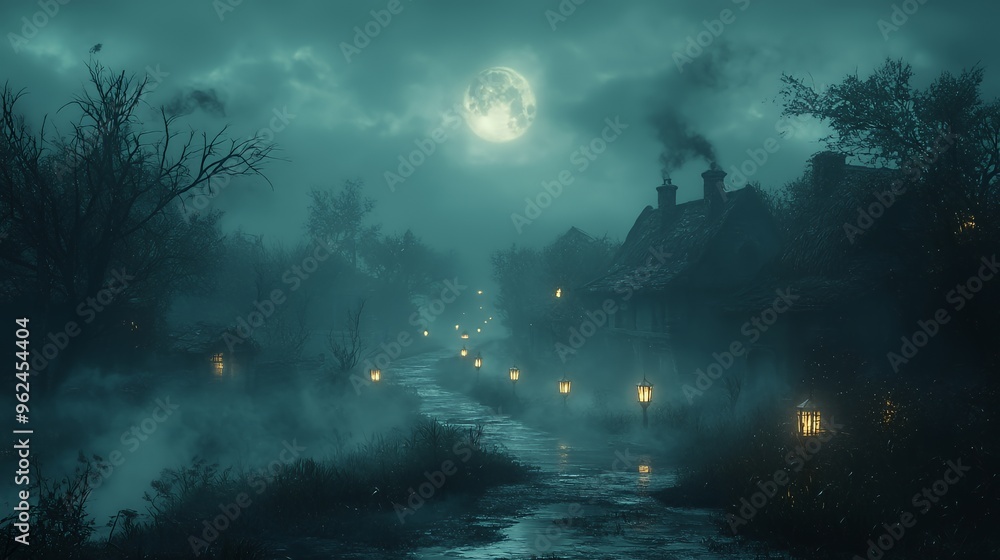 A mystical, fog-shrouded village path illuminated by lanterns under a full moon. A mystical, fog-shrouded village path illuminated by lanterns under a full moon.