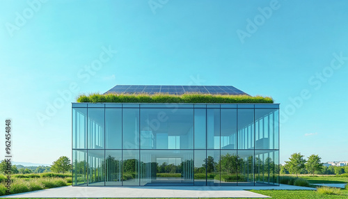 Sleek glass building with a green roof and solar panels exemplifying modern, sustainable design.