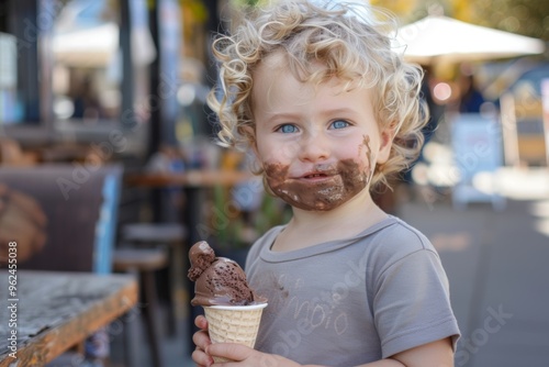 Youthful charm and curly hair highlight innocence of this infant. Ice cream brings pure happiness to this child. Innocence and joy embodied baby's radiant face.