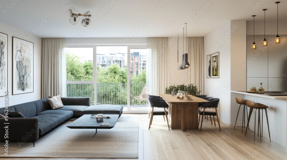 Fototapeta premium Modern Living Room with Large Windows and Dining Area