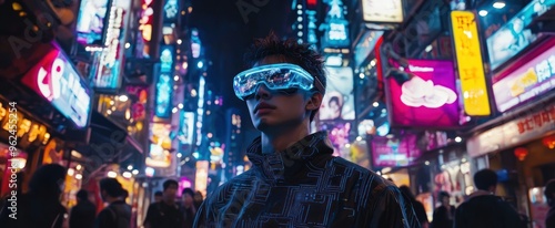 Young Man Wearing Futuristic Glasses in a Neon-Lit Cityscape