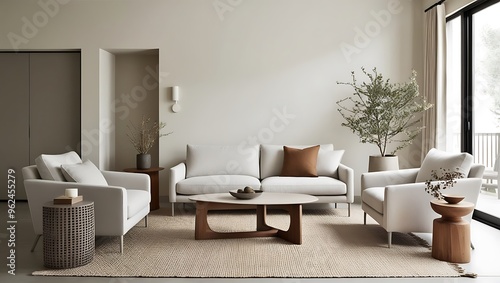Elegant Minimalist Living Room Design with Neutral Tones, Sleek Furniture, and Subtle Natural Accents