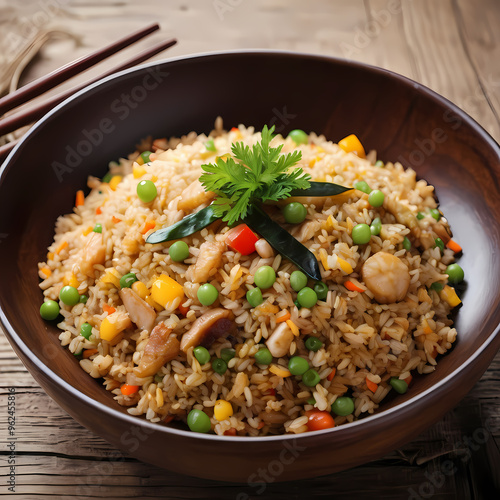 A Plate of Fried Rice on a Wooden Table