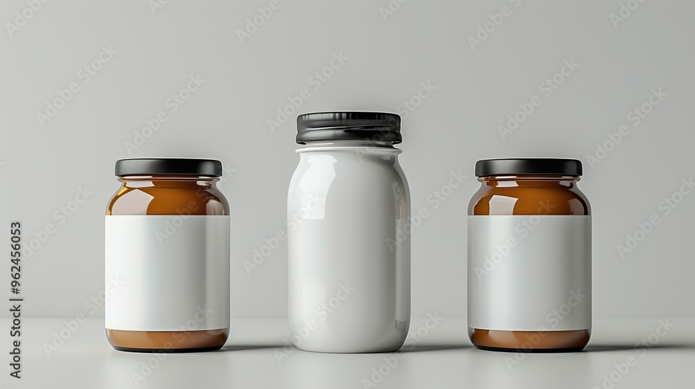Three Glass Jars with Blank Labels Three Glass Jars with Blank Labels