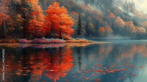 A serene lake reflecting vibrant autumn foliage in a misty forest landscape.