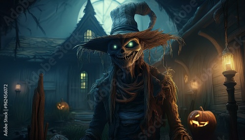 Scary Goblin Scarecrow in Haunted House, Halloween