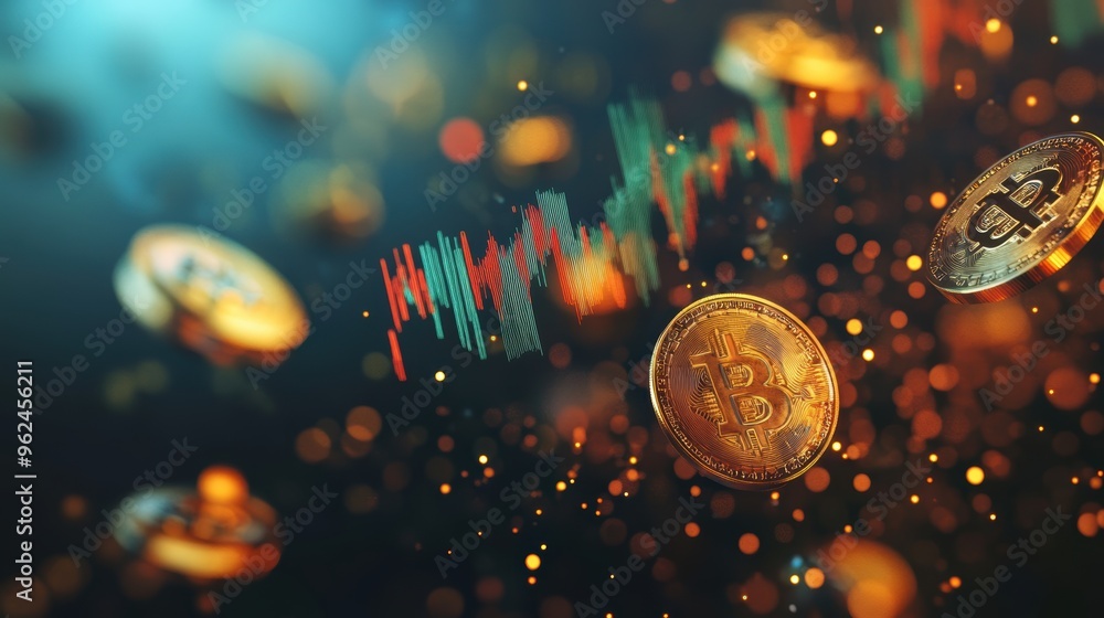 Levitating gold money and coins with a distant stock market graph Levitating gold money and coins with a distant stock market graph