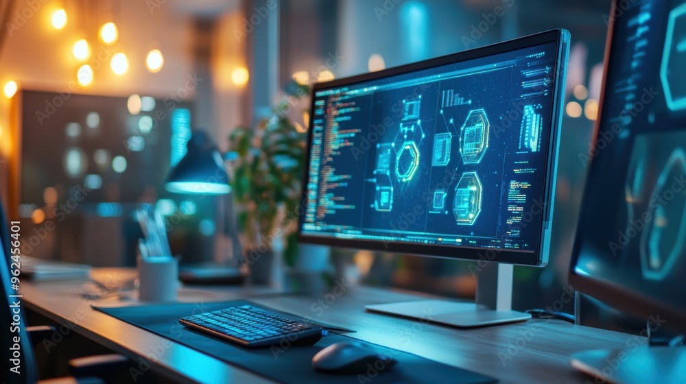 Modern digital workspace with a blue and multi-colored theme, featuring advanced technology Modern digital workspace with a blue and multi-colored theme, featuring advanced technology