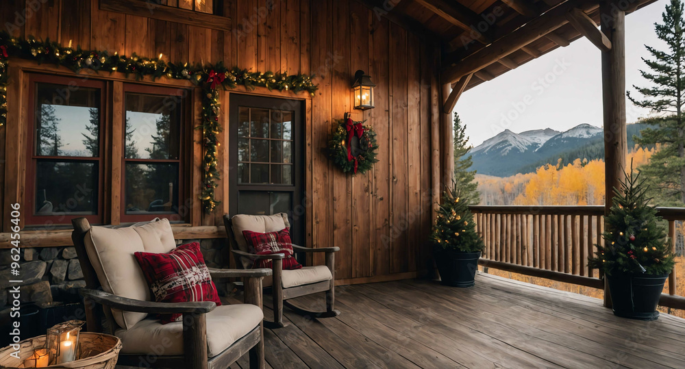 Rustic cabin porch with holiday decor background Rustic cabin porch with holiday decor background