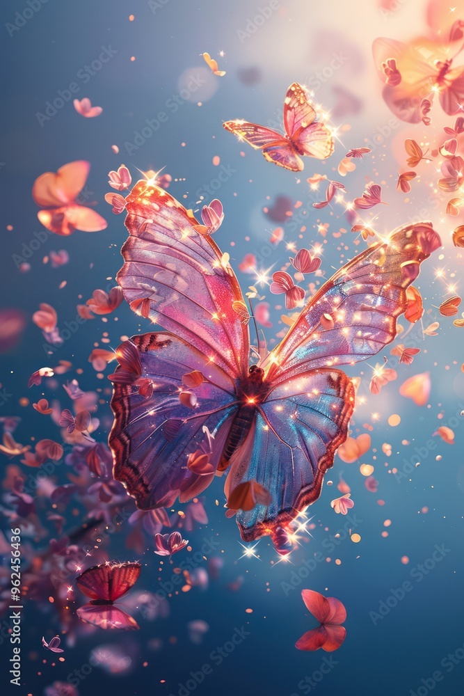 A vibrant display of colorful butterflies surrounded by sparkling elements and petals. A vibrant display of colorful butterflies surrounded by sparkling elements and petals.