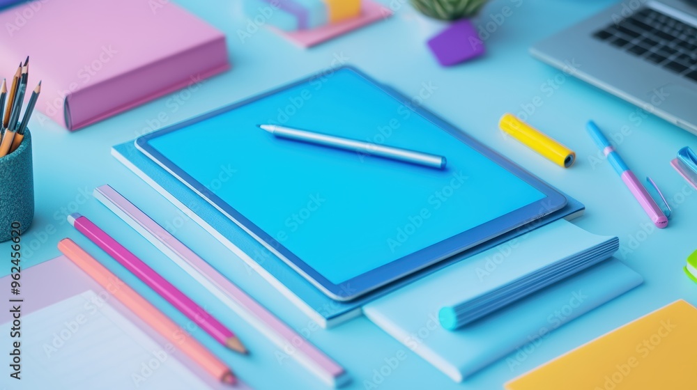 Multi-colored tech gadgets including a blue smart tablet and stylus on a modern workspace desk Multi-colored tech gadgets including a blue smart tablet and stylus on a modern workspace desk