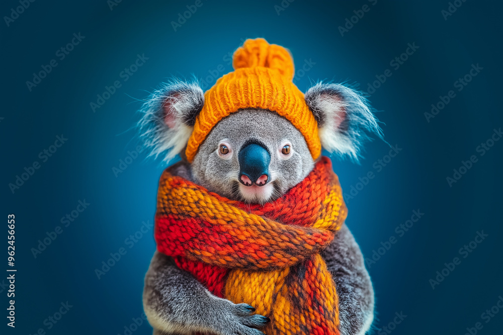 Fototapeta premium Adorable koala wrapped in a knitted scarf and hat, with a bright blue backdrop, radiating cozy winter vibes