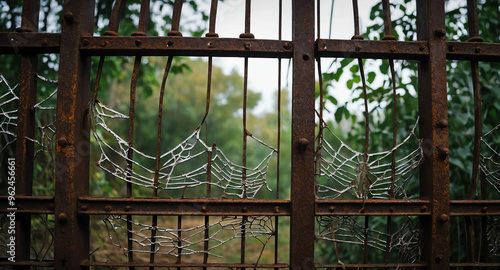 Rusty iron gate with cobwebs background