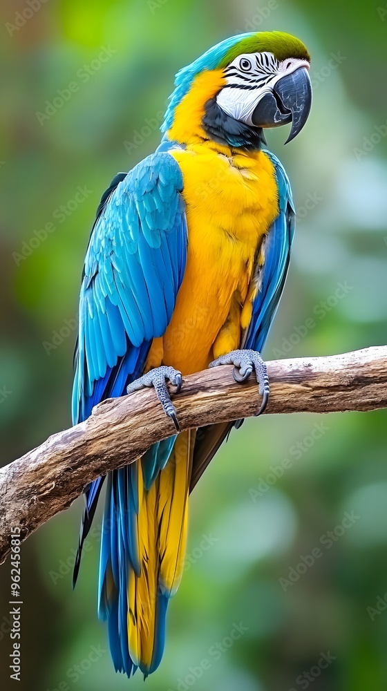 Obraz premium Blue and Yellow Macaw in Nature, Realistic Photo, Texture, Pattern Background, Wallpaper, Cover and Screen for Smartphone, PC, Laptop, 9:16 and 16:9 Format