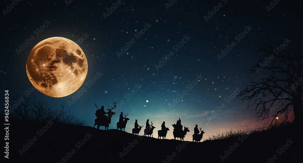 Santa silhouette glowing moon abstract background Santa silhouette glowing moon abstract background
