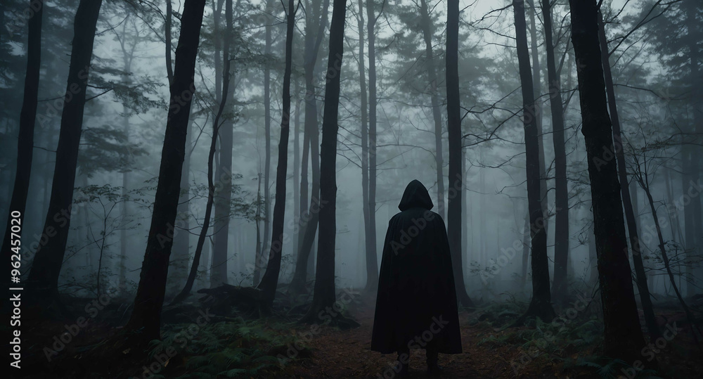 Shadowy figure standing in foggy woods background Shadowy figure standing in foggy woods background