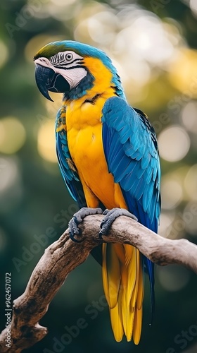 Blue and Yellow Macaw in Nature, Realistic Photo, Texture, Pattern Background, Wallpaper, Cover and Screen for Smartphone, PC, Laptop, 9:16 and 16:9 Format