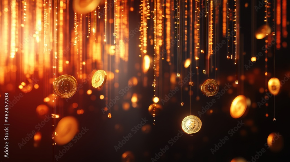 Shimmering gold banknotes and coins suspended in the air, with a background hint of stock market trends Shimmering gold banknotes and coins suspended in the air, with a background hint of stock market trends