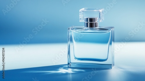 Elegant perfume bottle, crystal-clear design, minimalist aesthetic, light blue liquid, rectangular shape, smooth edges, reflects light, emphasizes fragrance purity, clean backdrop, spacious ambiance