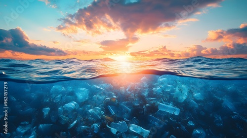 Plastic Pollution in Ocean Water at Sunset