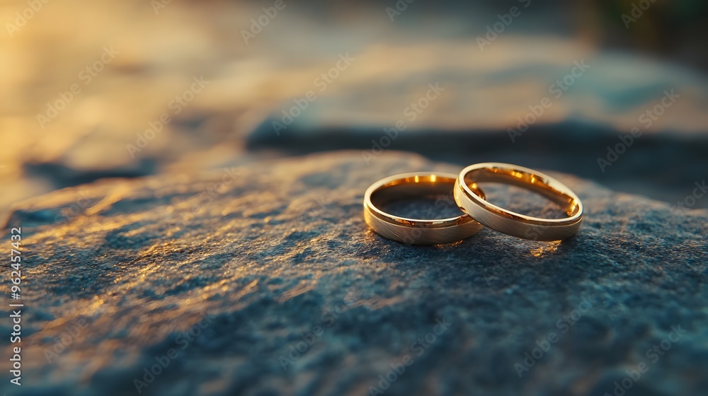 Golden Wedding Rings on Rock at Sunset Golden Wedding Rings on Rock at Sunset