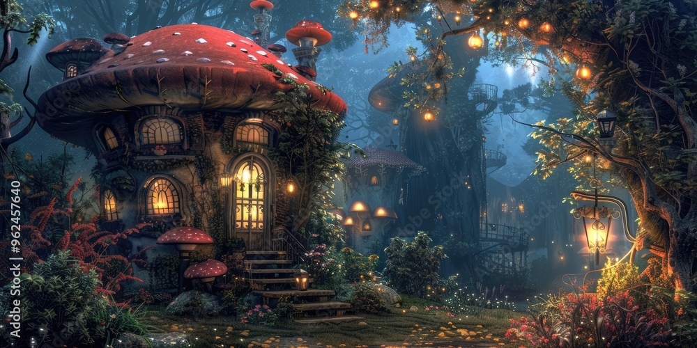 A magical mushroom house in a vibrant forest with intricate architectural details and glowing lights at twilight A magical mushroom house in a vibrant forest with intricate architectural details and glowing lights at twilight