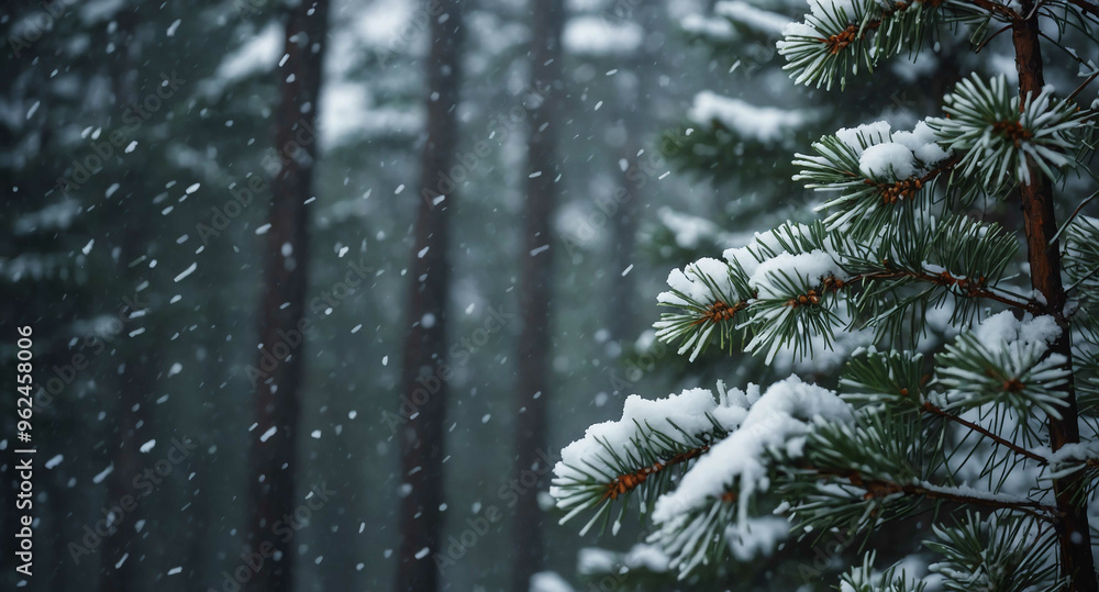 Snow falling gently on pine trees background Snow falling gently on pine trees background