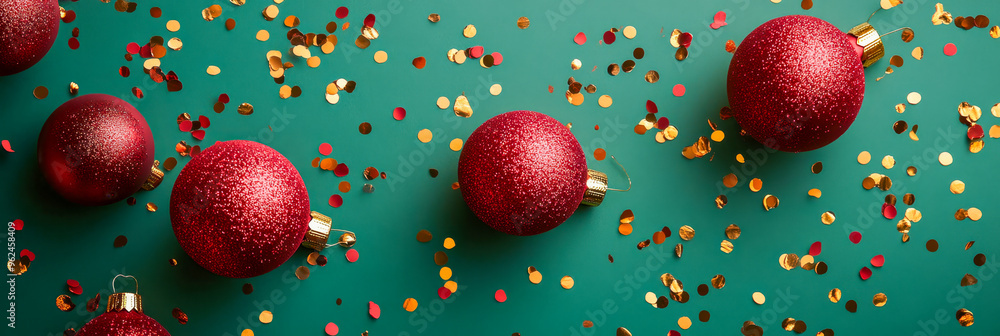 Red Christmas baubles and golden confetti scattered on a dark green background. Red Christmas baubles and golden confetti scattered on a dark green background.