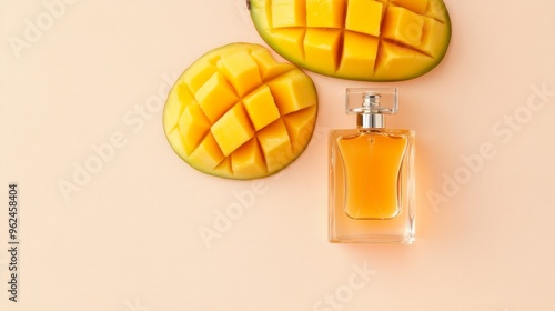 Tropical Essence, an elegant perfume bottle filled with clear orange liquid, accompanied by fresh mango slices, exuding vibrant, sunny scents in a minimalist setting. photo