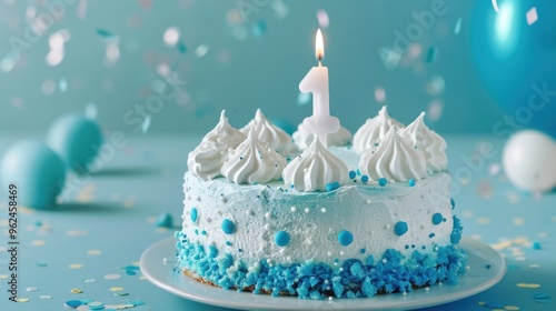 A blue-themed birthday cake with a candle, celebrating a first birthday. photo